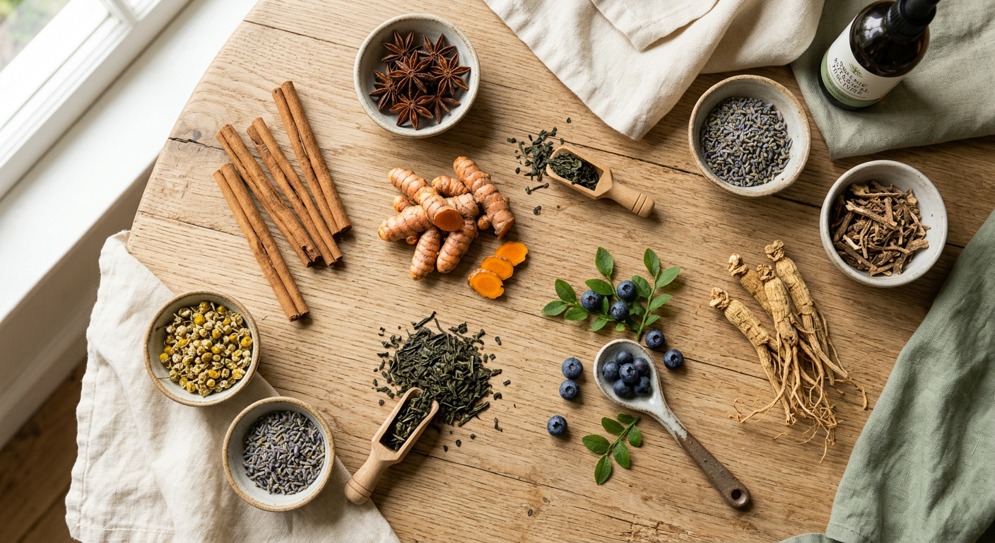 Cinnamon bark, bilberries, turmeric root and green tea leaves arranged beside a Payarmin bottle