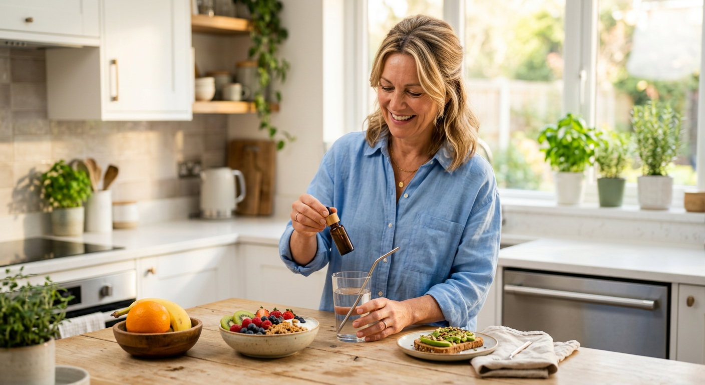 Smiling woman adding Payarmin drops to a glass of water in a bright kitchen